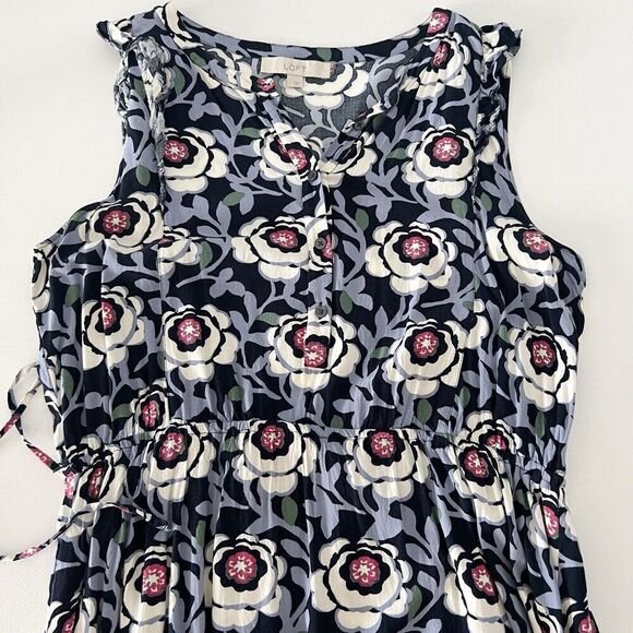 Ann Taylor Loft Floral Dress Womens Large Blue Rayon Ruffle Sleeveless Tie Waist - Picture 3 of 9
